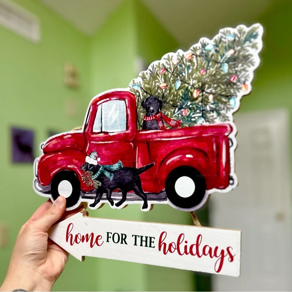 Christmas Festive Red Truck Black Dogs Christmas Tree Wood Wall Hanging Decor